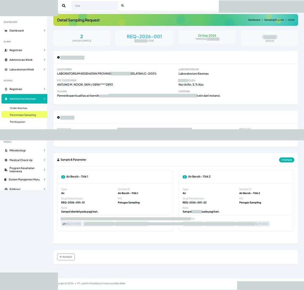 Screenshot LabKlin: Detail permintaan sampling