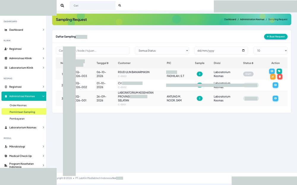 Screenshot LabKlin: Permintaan pengambilan sampel