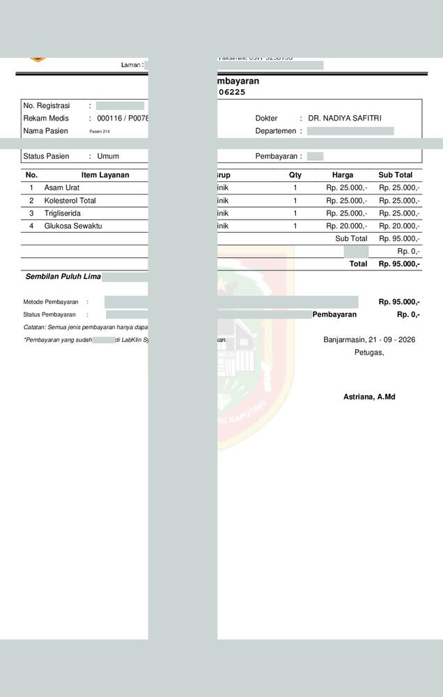 Screenshot LabKlin: Kwitansi klinik