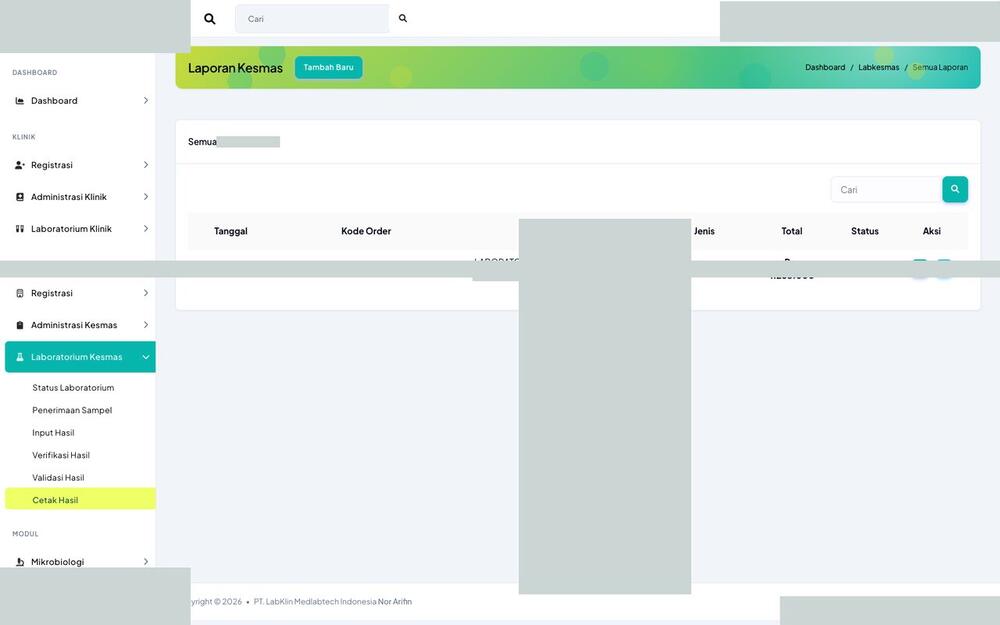 Screenshot LabKlin: Cetak laporan hasil uji
