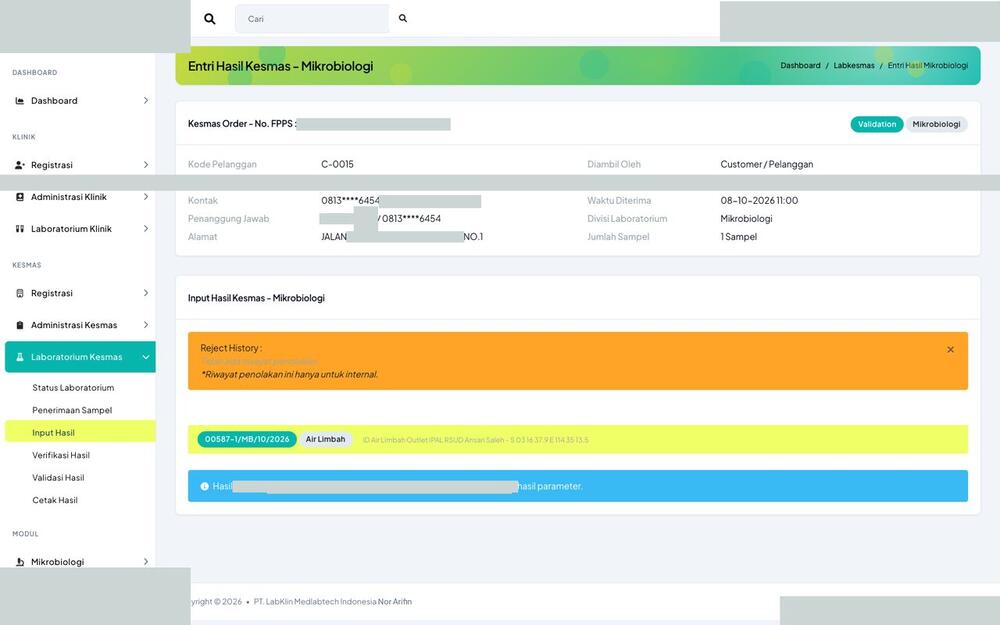 Screenshot LabKlin: Detail input hasil