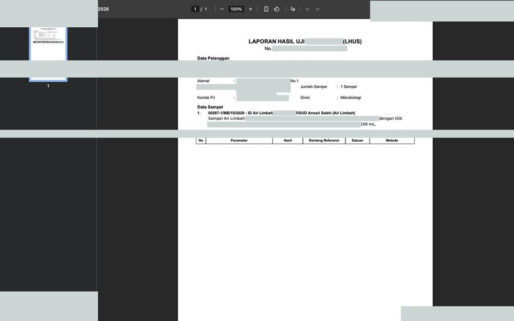 Screenshot LabKlin: Pratinjau laporan hasil uji