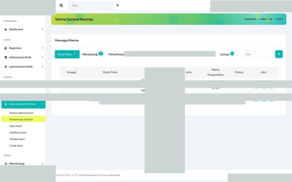 Screenshot LabKlin: Penerimaan sampel