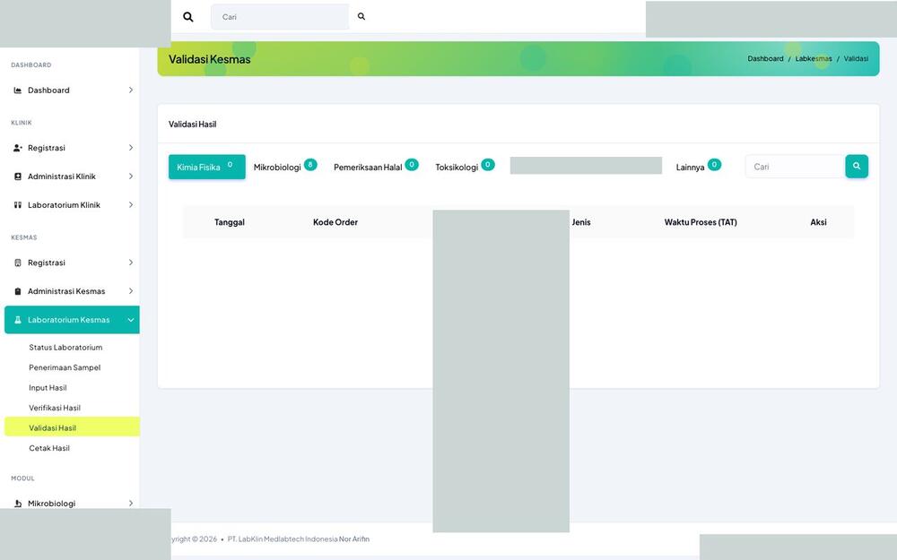 Screenshot LabKlin: Validasi hasil