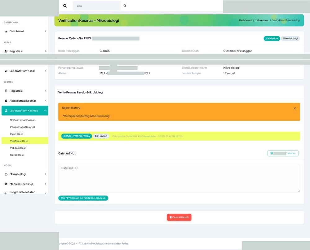 Screenshot LabKlin: Detail verifikasi hasil