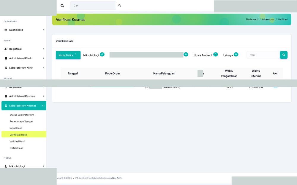 Screenshot LabKlin: Verifikasi hasil