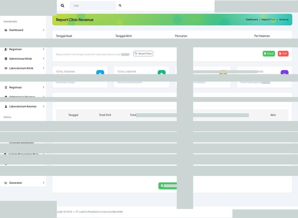 Screenshot LabKlin: Laporan pendapatan klinik