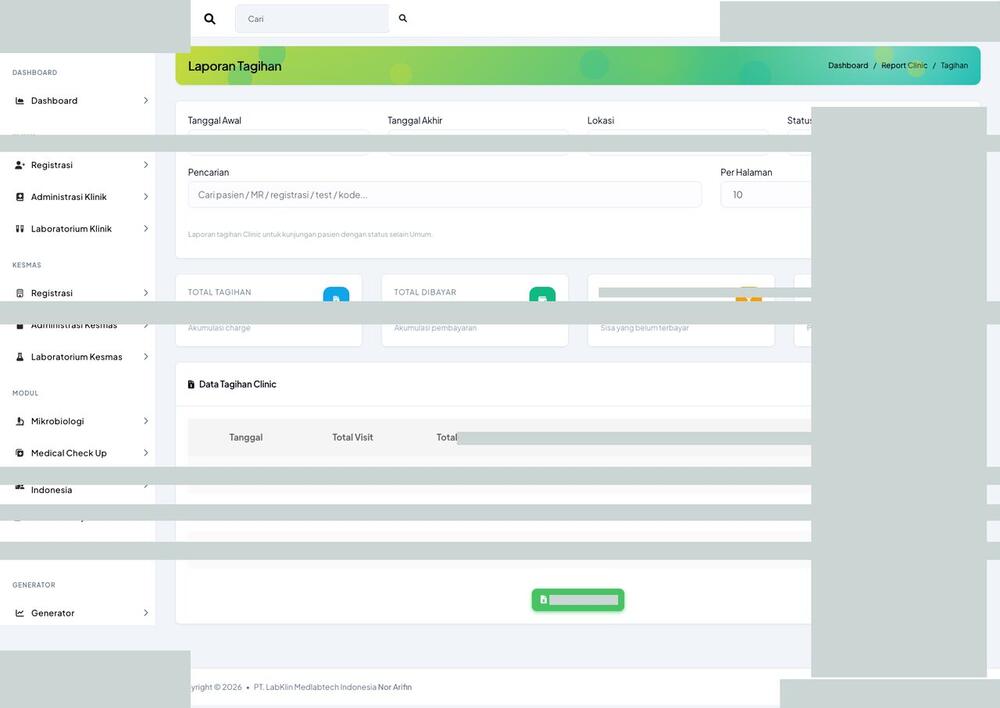 Screenshot LabKlin: Laporan tagihan klinik