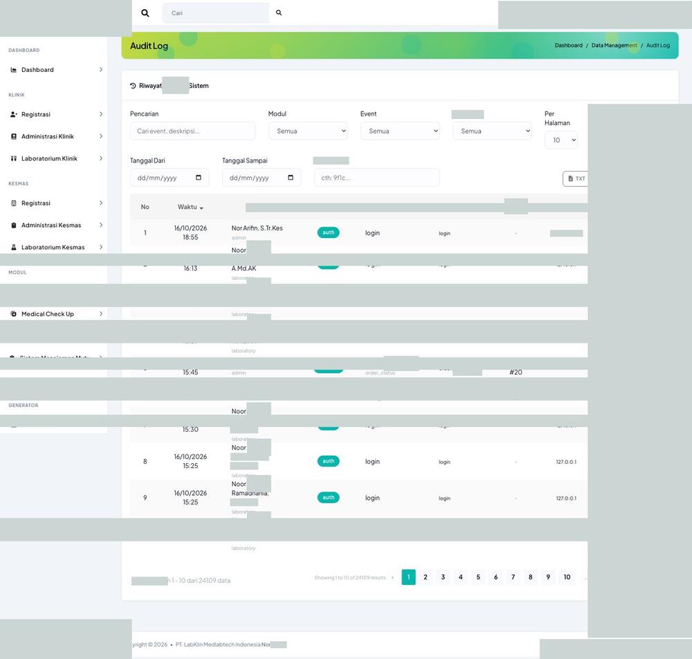 Screenshot LabKlin: Riwayat aktivitas sistem
