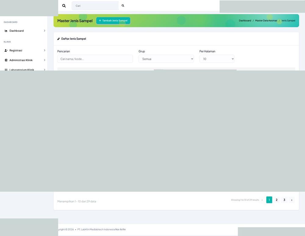 Screenshot LabKlin: Jenis sampel