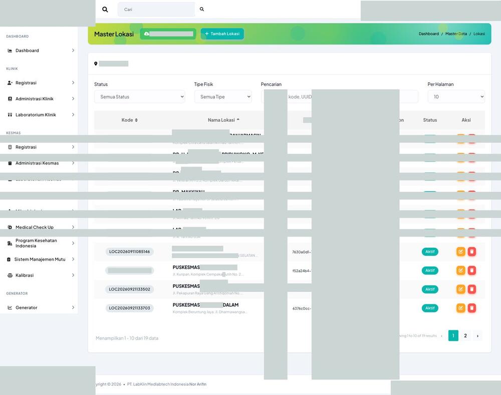 Screenshot LabKlin: Data lokasi