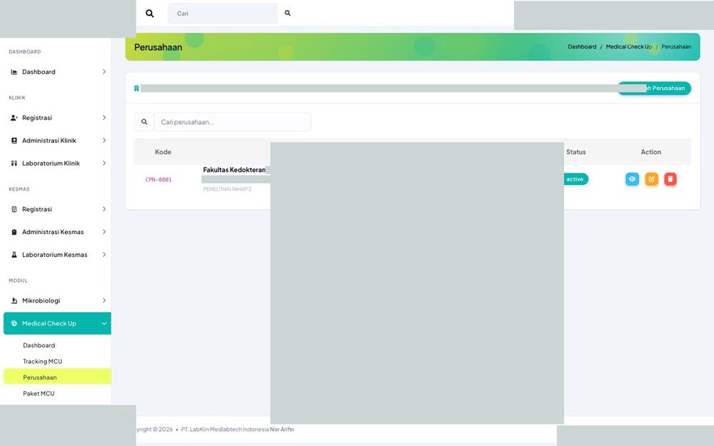 Screenshot LabKlin: Data perusahaan