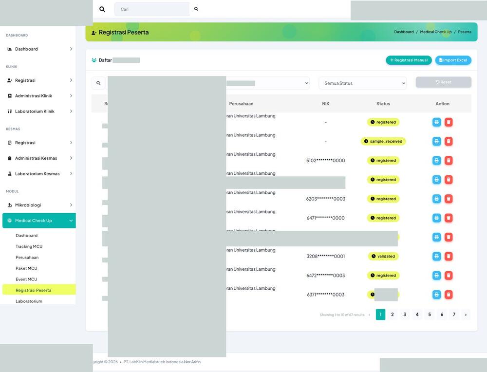 Screenshot LabKlin: Registrasi peserta