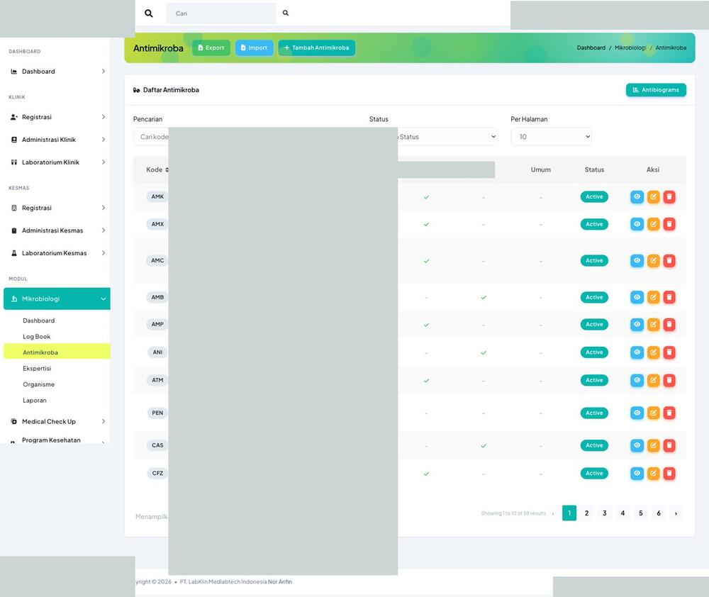 Screenshot LabKlin: Uji kepekaan antimikroba