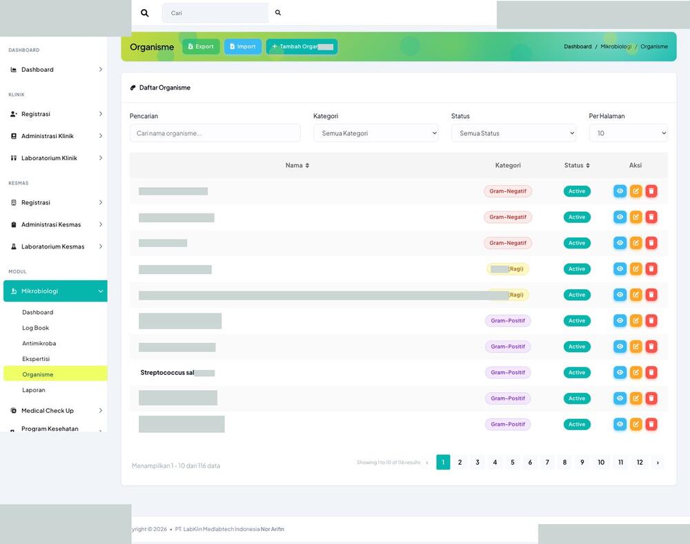 Screenshot LabKlin: Data organisme