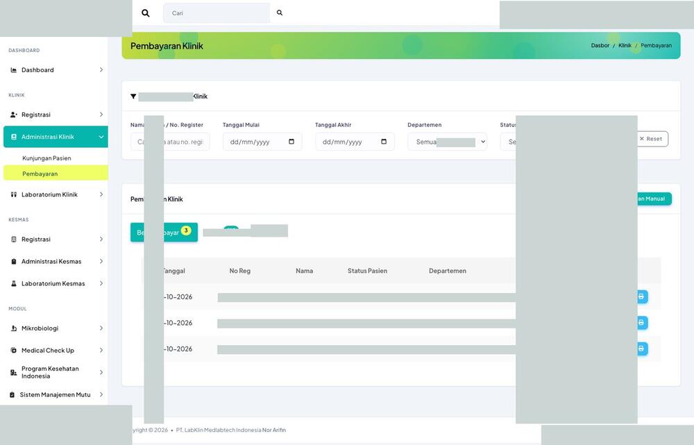 Screenshot LabKlin: Pembayaran klinik