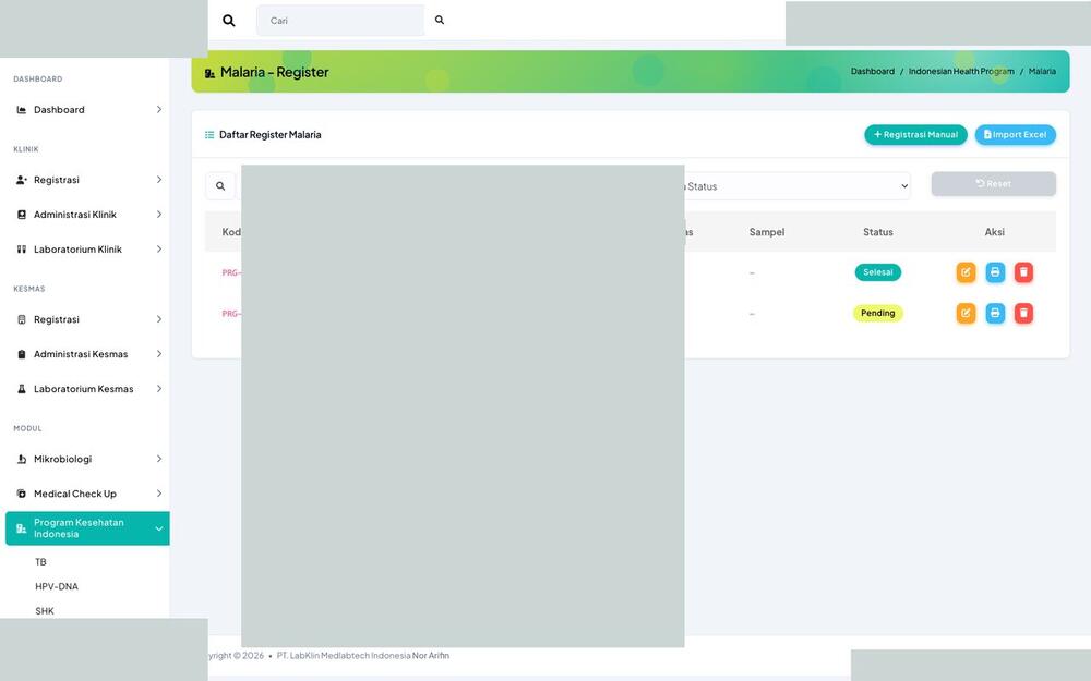 Screenshot LabKlin: Register malaria