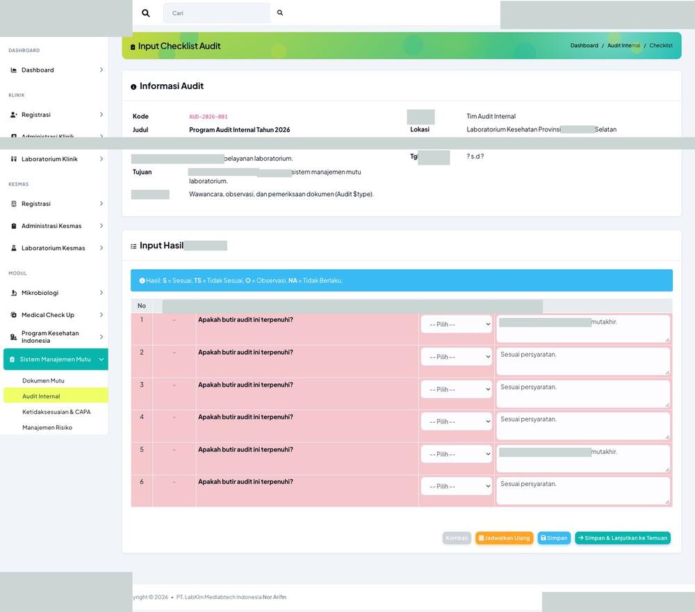 Screenshot LabKlin: Checklist audit