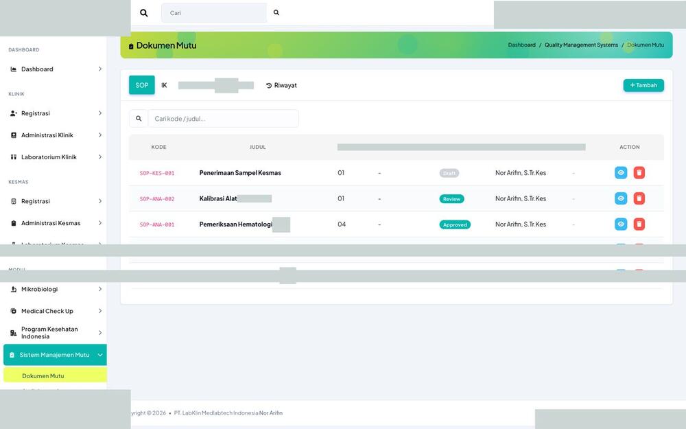 Screenshot LabKlin: Dokumen mutu