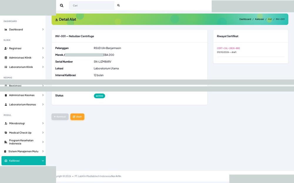 Screenshot LabKlin: Detail alat kalibrasi