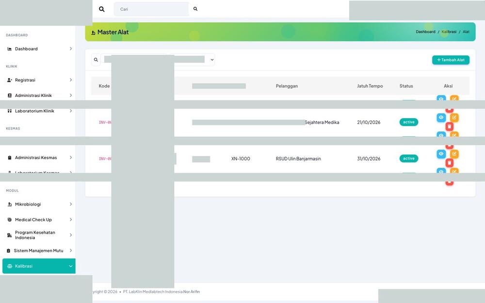 Screenshot LabKlin: Data alat kalibrasi