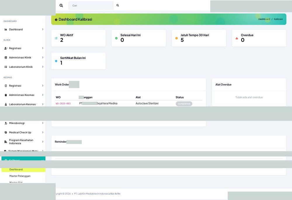 Screenshot LabKlin: Dashboard kalibrasi
