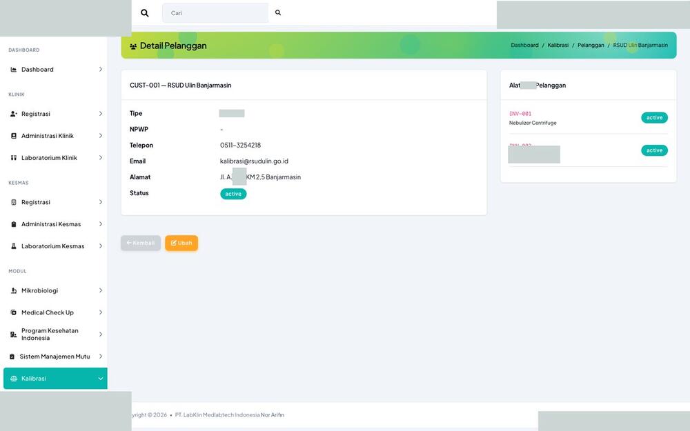 Screenshot LabKlin: Detail pelanggan kalibrasi