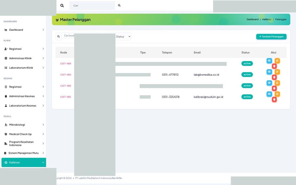 Screenshot LabKlin: Pelanggan kalibrasi