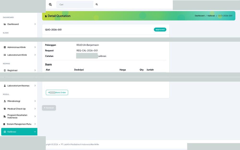 Screenshot LabKlin: Detail penawaran kalibrasi