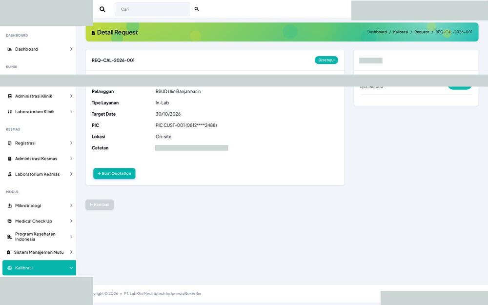 Screenshot LabKlin: Detail permintaan kalibrasi