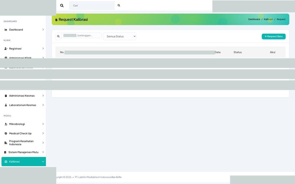 Screenshot LabKlin: Permintaan kalibrasi