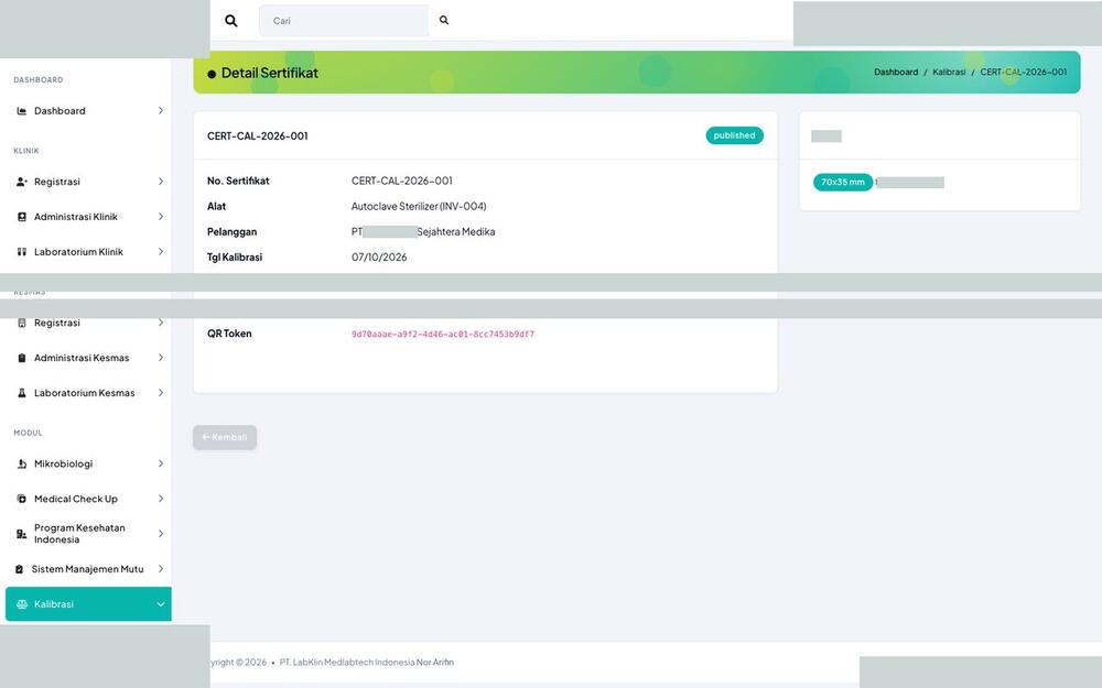 Screenshot LabKlin: Detail sertifikat kalibrasi