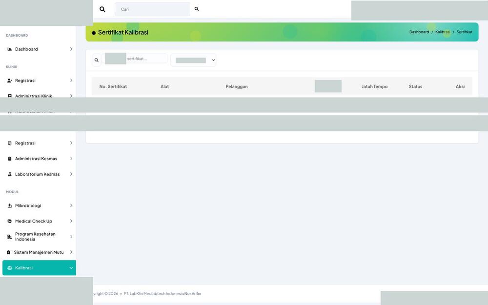 Screenshot LabKlin: Sertifikat kalibrasi