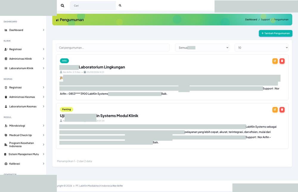Screenshot LabKlin: Pengumuman sistem