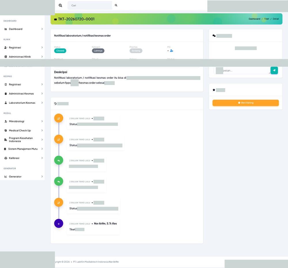 Screenshot LabKlin: Detail tiket dukungan