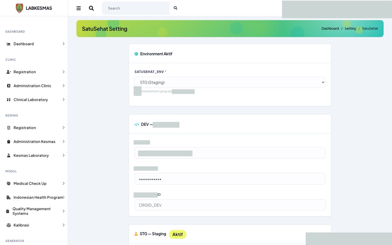 Screenshot LabKlin: Konfigurasi SATUSEHAT