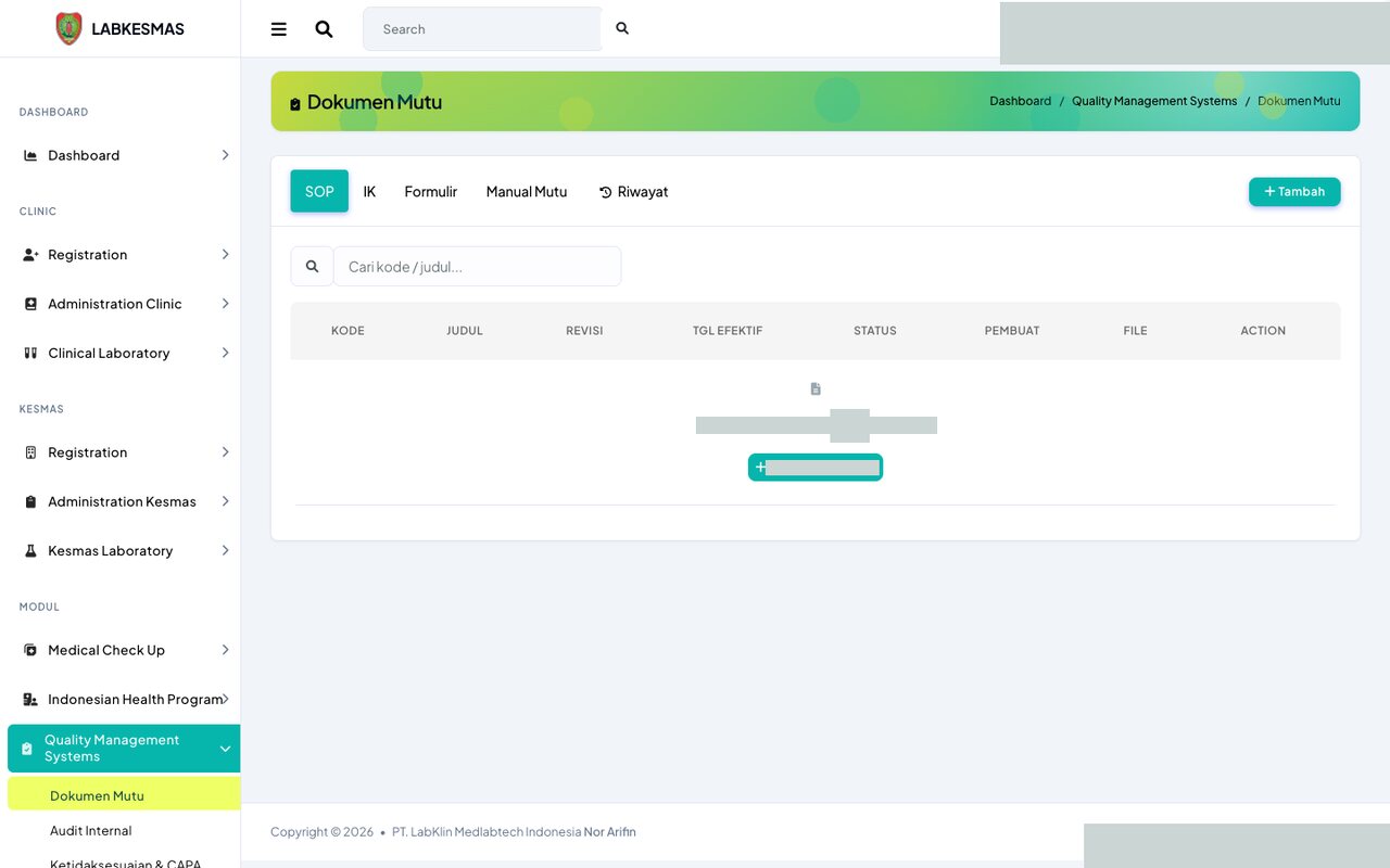 Screenshot LabKlin: Dokumen mutu